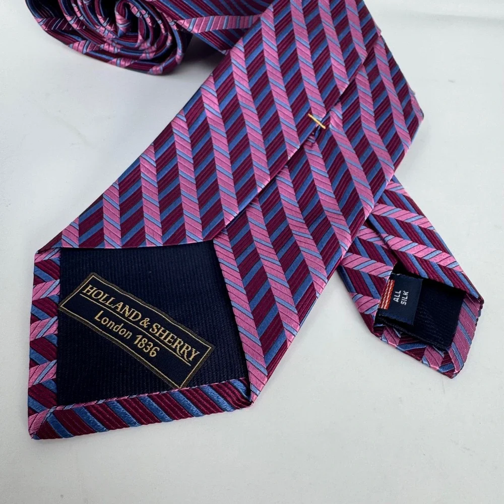 Holland & Sherry Necktie Purple Blue Pink Silk Herringbone Stripe Made in USA